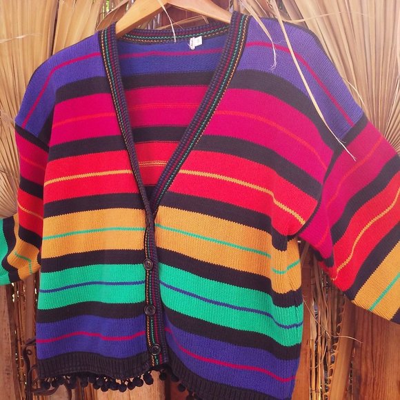 Vintage 80s V-neck Cardigan Ladies -S Pom Pom Fringe Bold Rainbow Striped Cotton - Picture 3 of 12